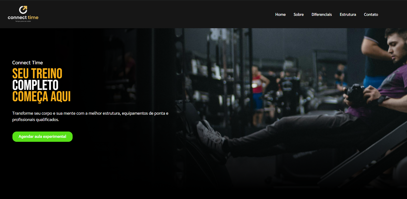 Preview do site institucional da Academia Connect Time, com hero escura, treino e detalhes em amarelo